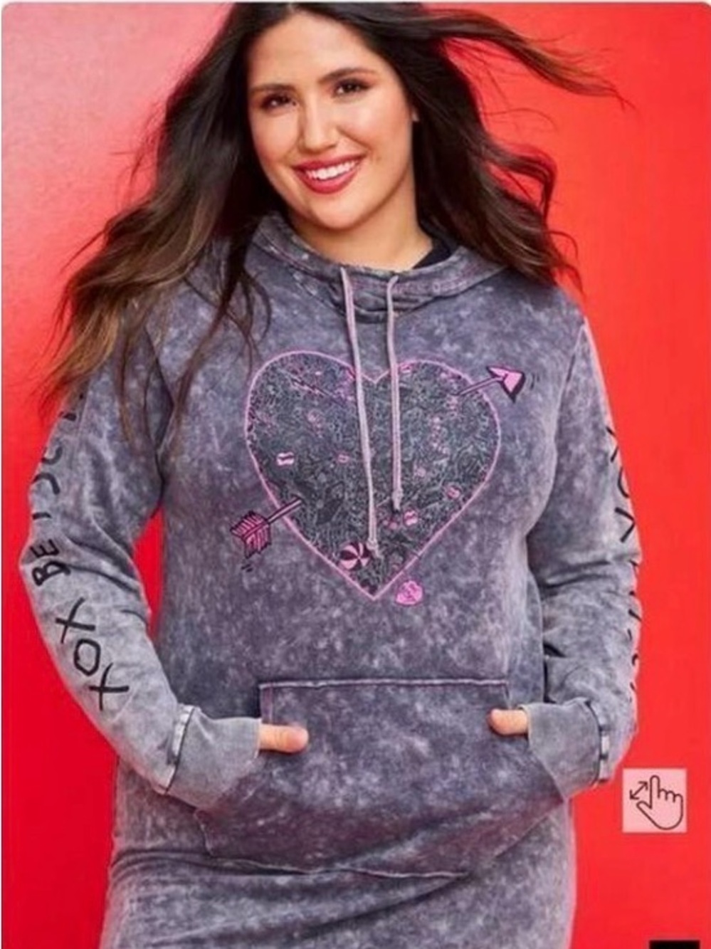 torrid 00 Betsey Johnson x LoveSick Gray Hoodie Dress with Pink Heart and Arrow